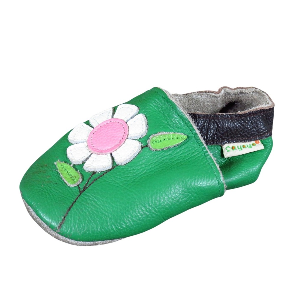Sayoyo Daisy Flower Baby Moccasins 12-18M Soft Sole Walking Shoes Green Leather